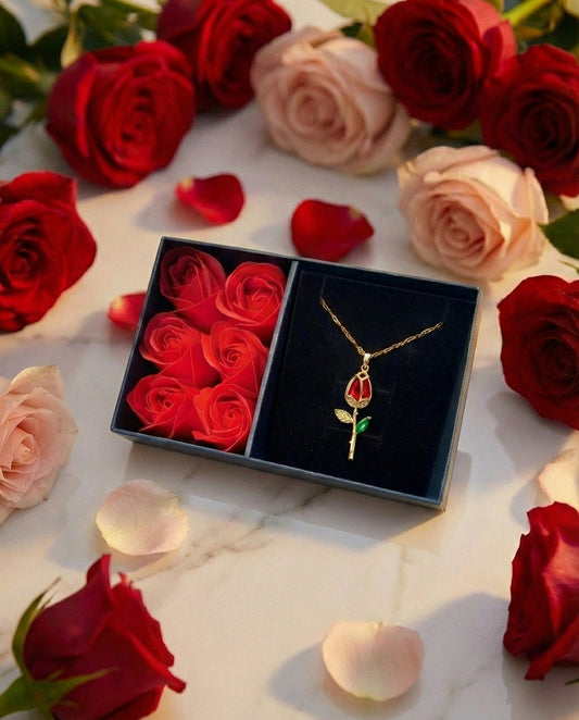 Collar Rosa Roja + Caja de 6 Rosas Eternas