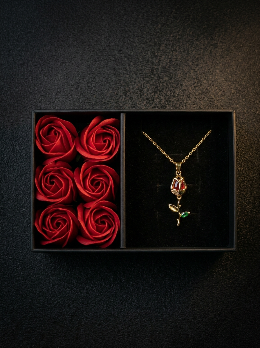 Collar Rosa Roja + Caja de 6 Rosas Eternas