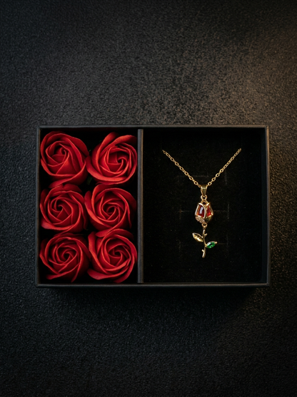 Collar Rosa Roja + Caja de 6 Rosas Eternas