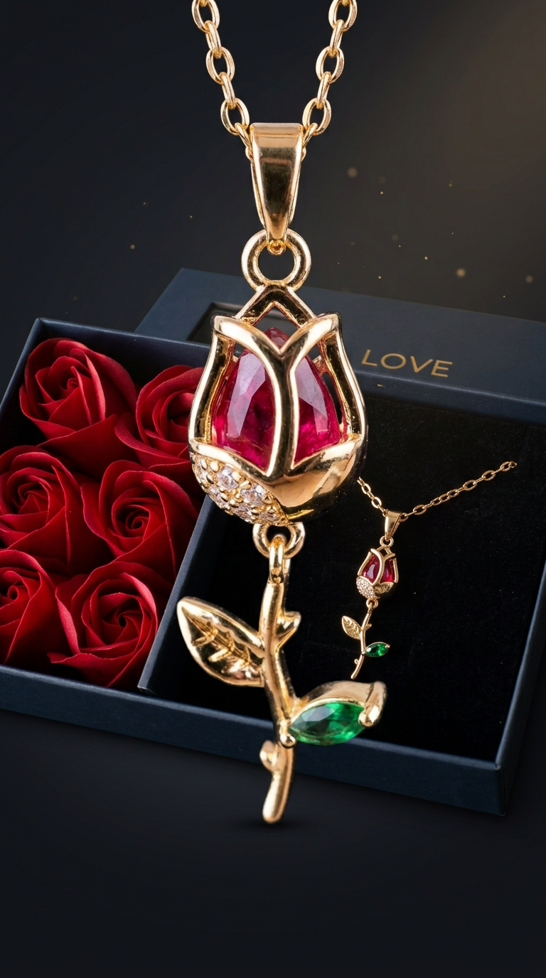 Collar Rosa Roja + Caja de 6 Rosas Eternas
