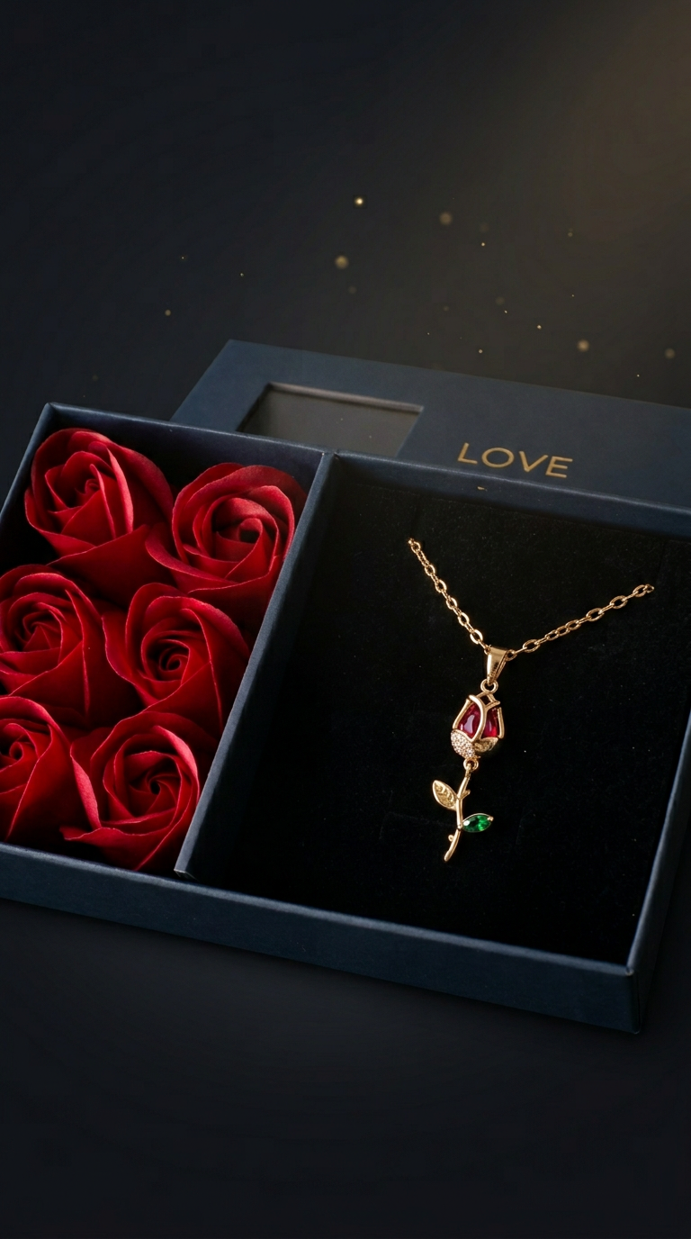Collar Rosa Roja + Caja de 6 Rosas Eternas